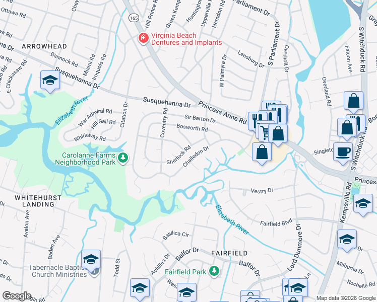 map of restaurants, bars, coffee shops, grocery stores, and more near 5353 Challedon Drive in Virginia Beach