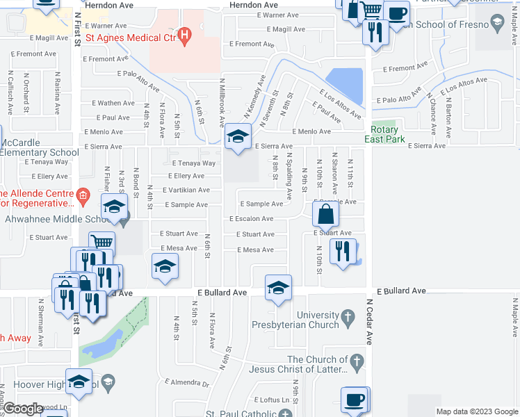 map of restaurants, bars, coffee shops, grocery stores, and more near 1507 East Sample Avenue in Fresno