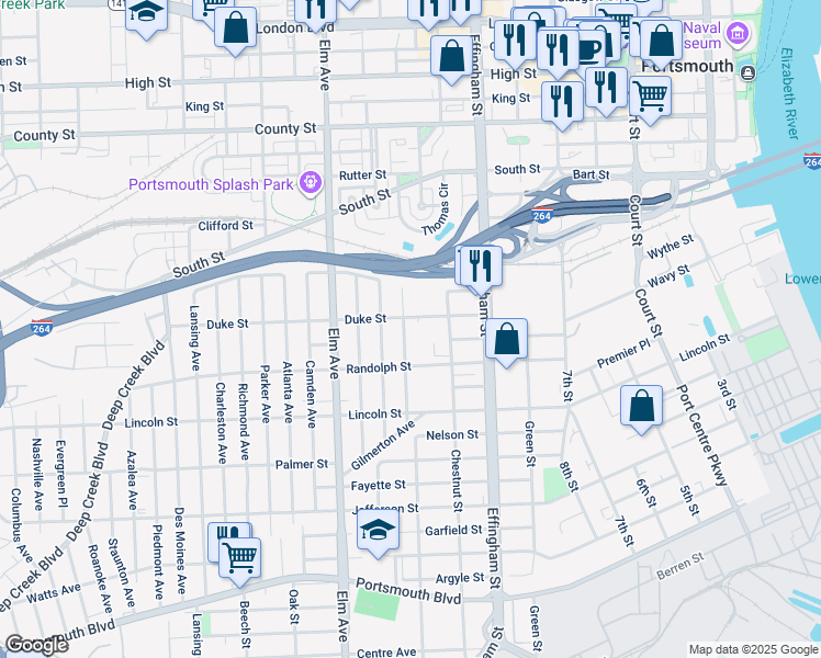 map of restaurants, bars, coffee shops, grocery stores, and more near 1503 Lasalle Avenue in Portsmouth