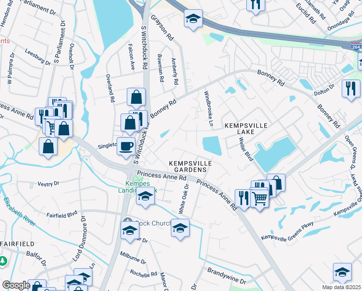 map of restaurants, bars, coffee shops, grocery stores, and more near 5052 Century Drive in Virginia Beach