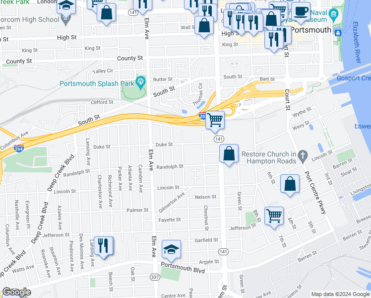 map of restaurants, bars, coffee shops, grocery stores, and more near 1503 Lasalle Avenue in Portsmouth