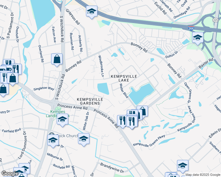 map of restaurants, bars, coffee shops, grocery stores, and more near 315 Paxford Drive in Virginia Beach