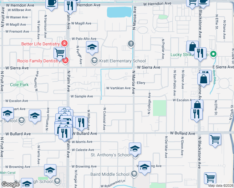 map of restaurants, bars, coffee shops, grocery stores, and more near 522 West Escalon Avenue in Fresno