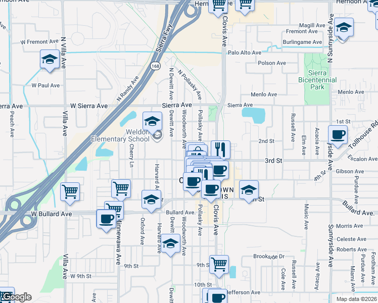 map of restaurants, bars, coffee shops, grocery stores, and more near 520 3rd Street in Clovis