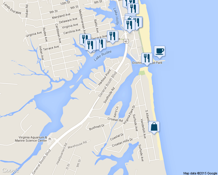 map of restaurants, bars, coffee shops, grocery stores, and more near 401 Grace Avenue in Virginia Beach