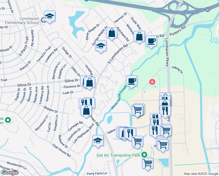 map of restaurants, bars, coffee shops, grocery stores, and more near 531 Pheasant Run in Virginia Beach