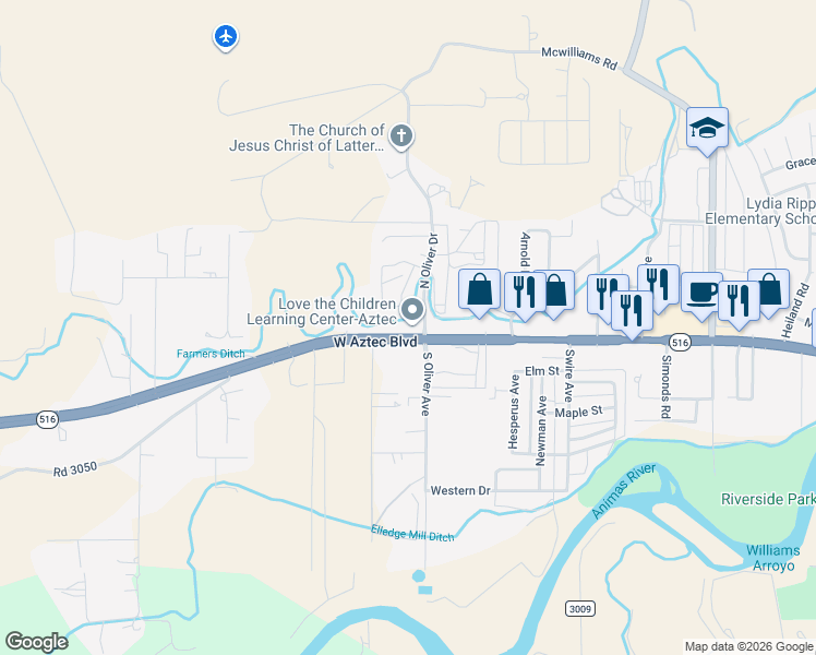 map of restaurants, bars, coffee shops, grocery stores, and more near 103 South Oliver Drive in Aztec