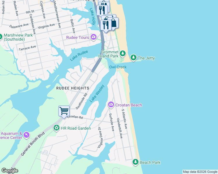 map of restaurants, bars, coffee shops, grocery stores, and more near 522 Virginia Dare Drive in Virginia Beach