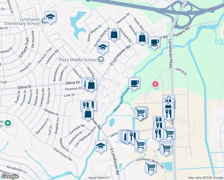 map of restaurants, bars, coffee shops, grocery stores, and more near 531 Pheasant Run in Virginia Beach