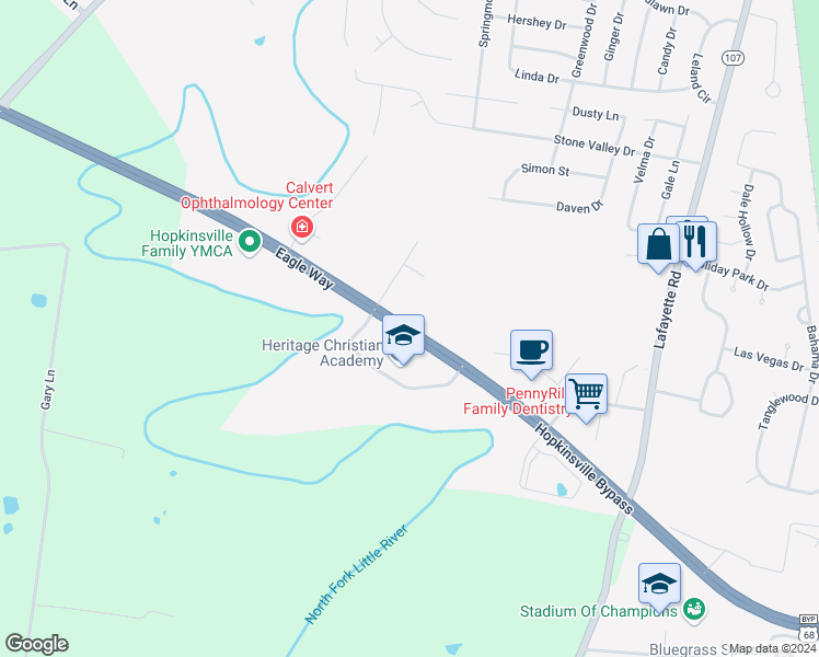 map of restaurants, bars, coffee shops, grocery stores, and more near Hopkinsville Bypass in Hopkinsville