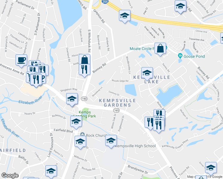 map of restaurants, bars, coffee shops, grocery stores, and more near 5052 Century Drive in Virginia Beach