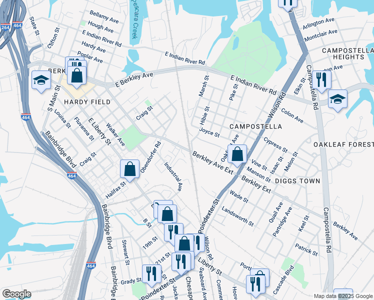 map of restaurants, bars, coffee shops, grocery stores, and more near 1024 Berkley Avenue Extension in Norfolk