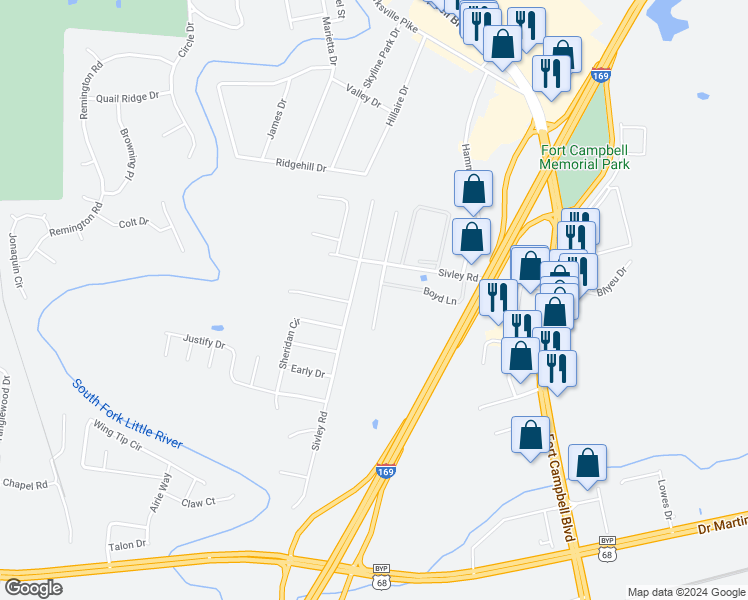 map of restaurants, bars, coffee shops, grocery stores, and more near 522 Southwind Drive in Hopkinsville