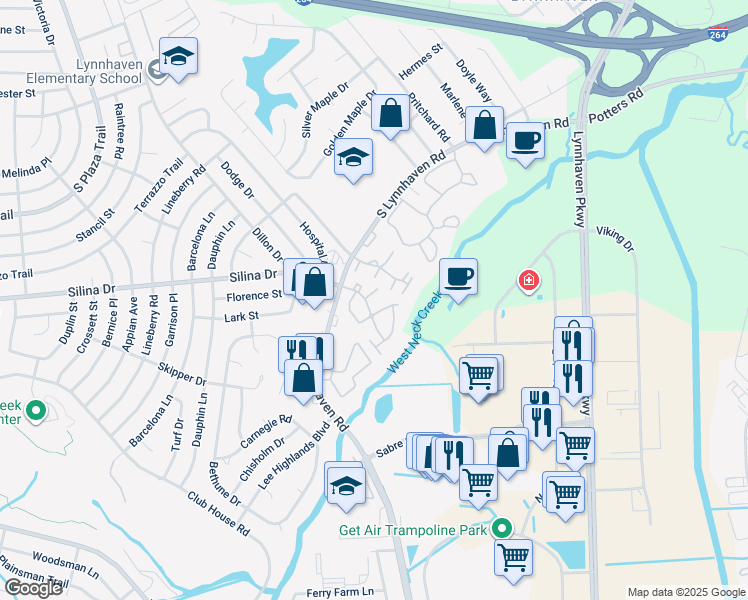 map of restaurants, bars, coffee shops, grocery stores, and more near 633 Rivers Reach in Virginia Beach