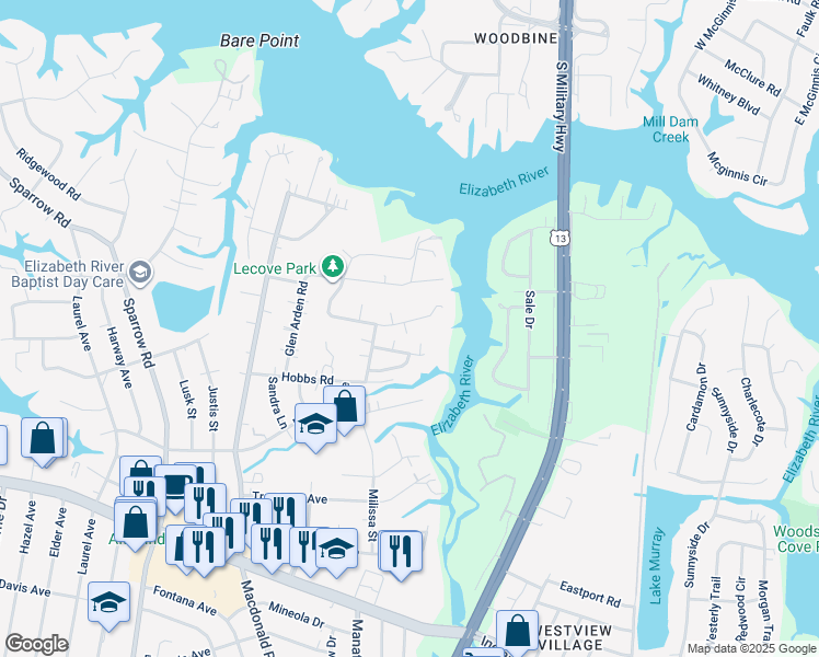 map of restaurants, bars, coffee shops, grocery stores, and more near 832 Le Cove Drive in Virginia Beach