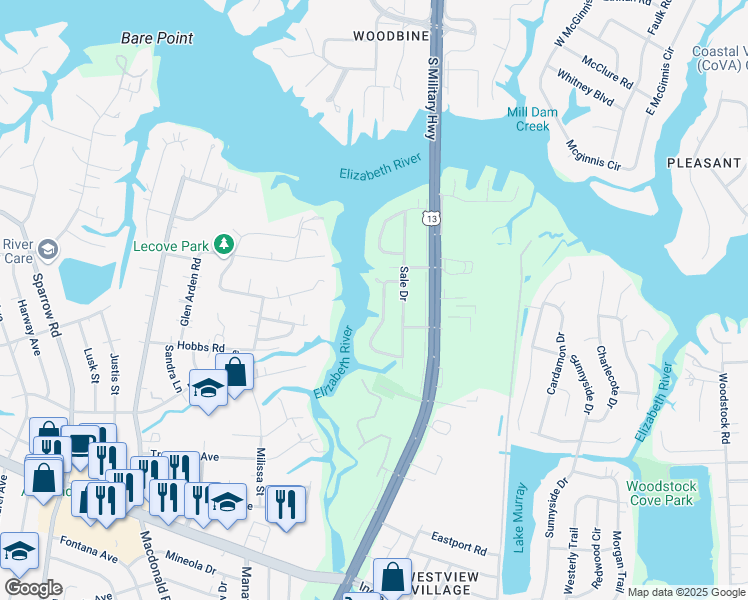 map of restaurants, bars, coffee shops, grocery stores, and more near 3433 South Crestline Drive in Virginia Beach