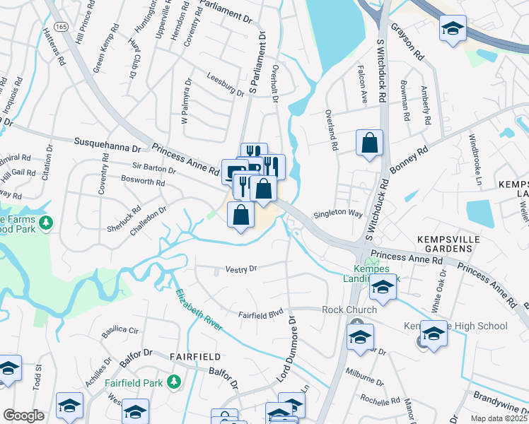 map of restaurants, bars, coffee shops, grocery stores, and more near 5277 Princess Anne Road in Virginia Beach
