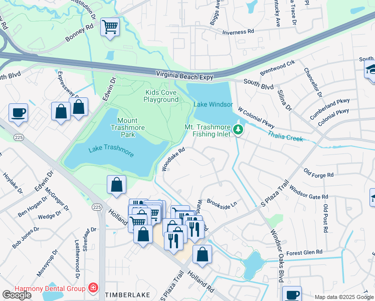 map of restaurants, bars, coffee shops, grocery stores, and more near 445 Woodlake Road in Virginia Beach