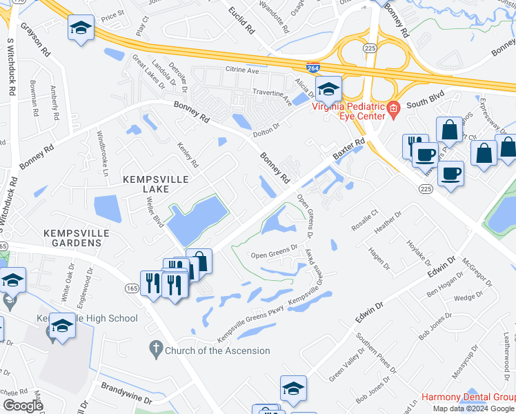 map of restaurants, bars, coffee shops, grocery stores, and more near 459 Greenview Drive in Virginia Beach