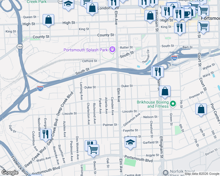 map of restaurants, bars, coffee shops, grocery stores, and more near 1400 Camden Avenue in Portsmouth