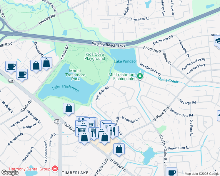 map of restaurants, bars, coffee shops, grocery stores, and more near 445 Woodlake Road in Virginia Beach