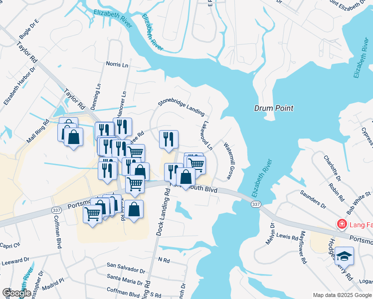 map of restaurants, bars, coffee shops, grocery stores, and more near 2336 Meadows Landing in Chesapeake