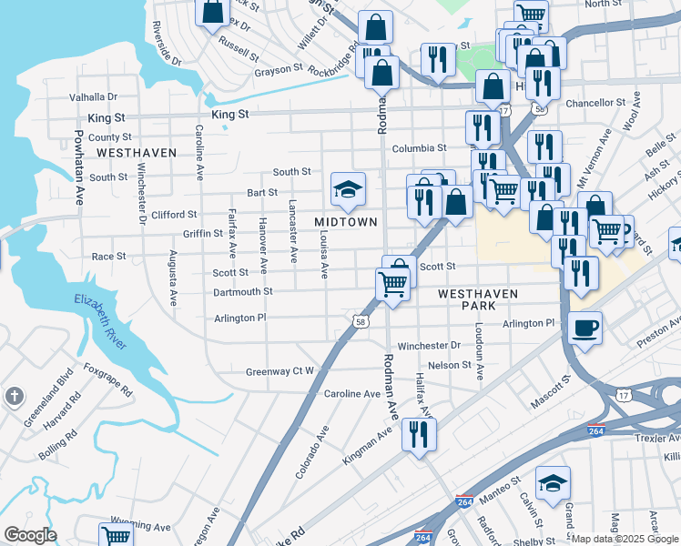 map of restaurants, bars, coffee shops, grocery stores, and more near 3811 Scott Street in Portsmouth