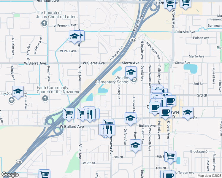 map of restaurants, bars, coffee shops, grocery stores, and more near 235 Minnewawa Avenue in Clovis