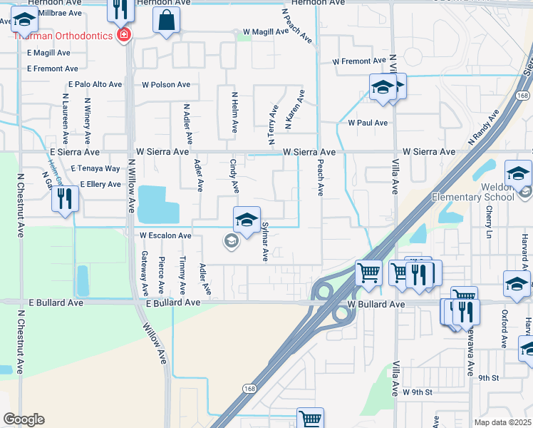 map of restaurants, bars, coffee shops, grocery stores, and more near 529 West Sample Avenue in Clovis