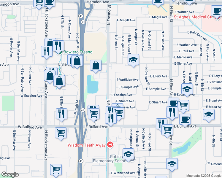 map of restaurants, bars, coffee shops, grocery stores, and more near 6280 North Fresno Street in Fresno