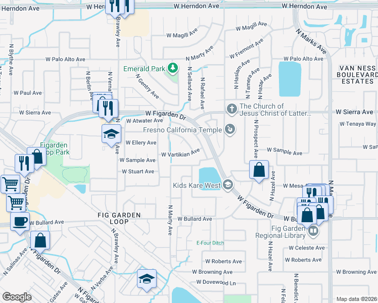 map of restaurants, bars, coffee shops, grocery stores, and more near 6307 North Selland Avenue in Fresno