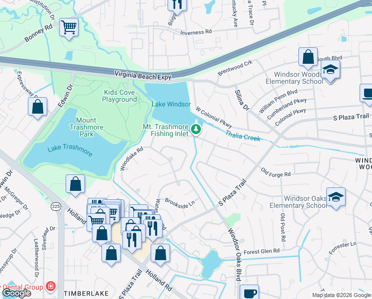 map of restaurants, bars, coffee shops, grocery stores, and more near 501 Windsor Castle Court in Virginia Beach