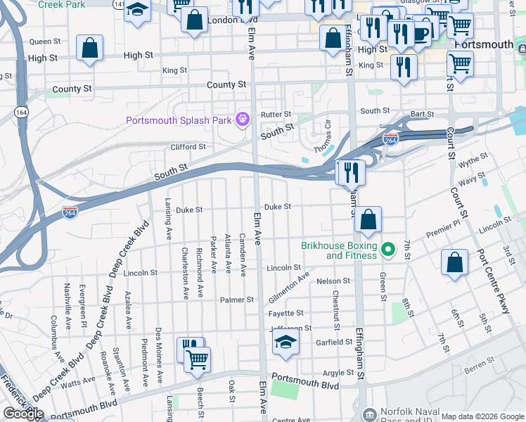 map of restaurants, bars, coffee shops, grocery stores, and more near 1405 Elm Avenue in Portsmouth