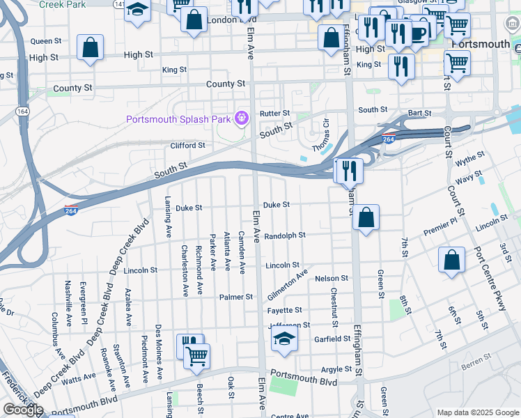 map of restaurants, bars, coffee shops, grocery stores, and more near 1405 Elm Avenue in Portsmouth