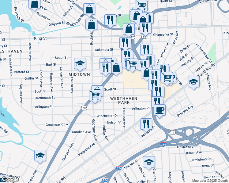 map of restaurants, bars, coffee shops, grocery stores, and more near 3419 Race Street in Portsmouth