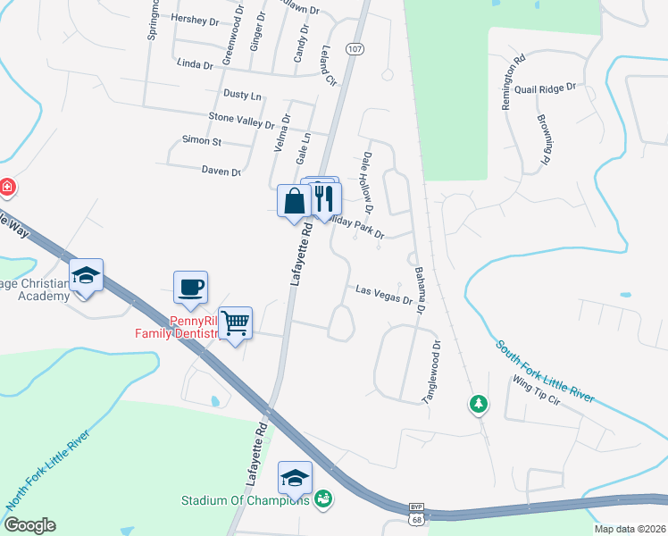 map of restaurants, bars, coffee shops, grocery stores, and more near 3814 Nassau Cir in Hopkinsville