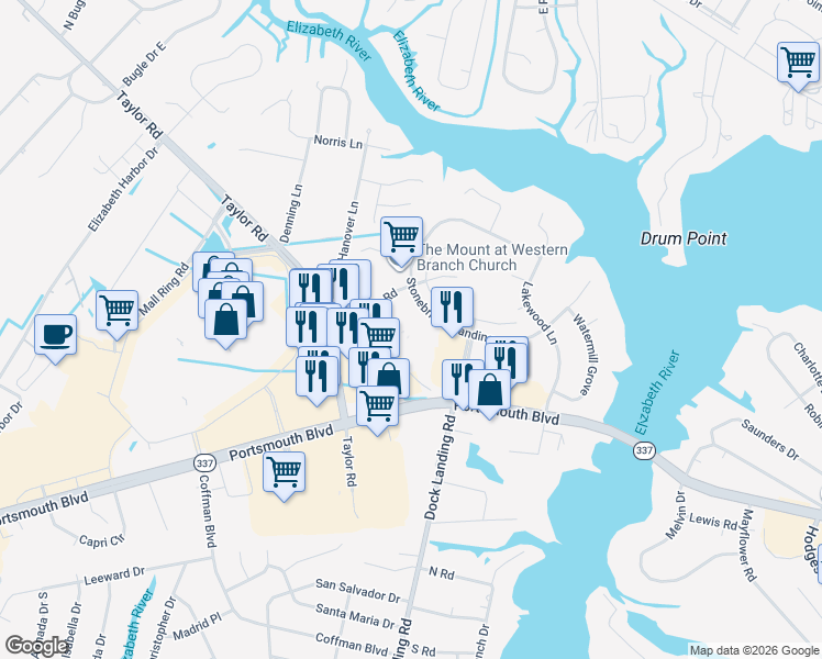 map of restaurants, bars, coffee shops, grocery stores, and more near 4 in Chesapeake
