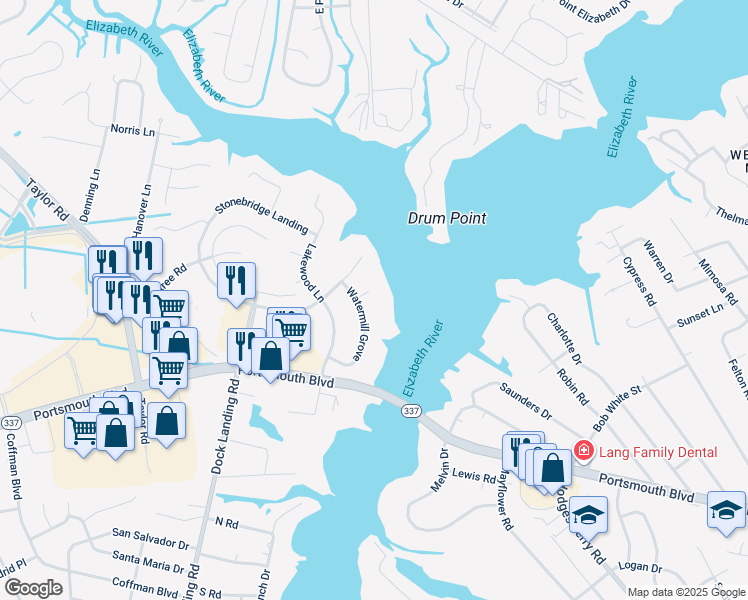 map of restaurants, bars, coffee shops, grocery stores, and more near Millgrove Court in Chesapeake
