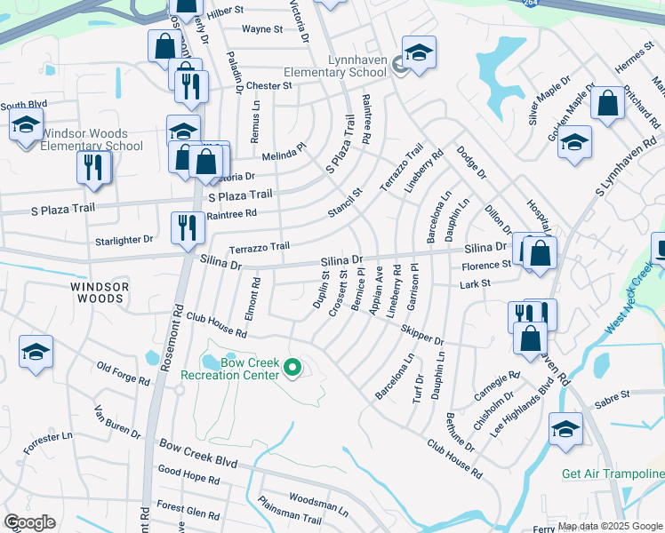 map of restaurants, bars, coffee shops, grocery stores, and more near 3421 Silina Drive in Virginia Beach