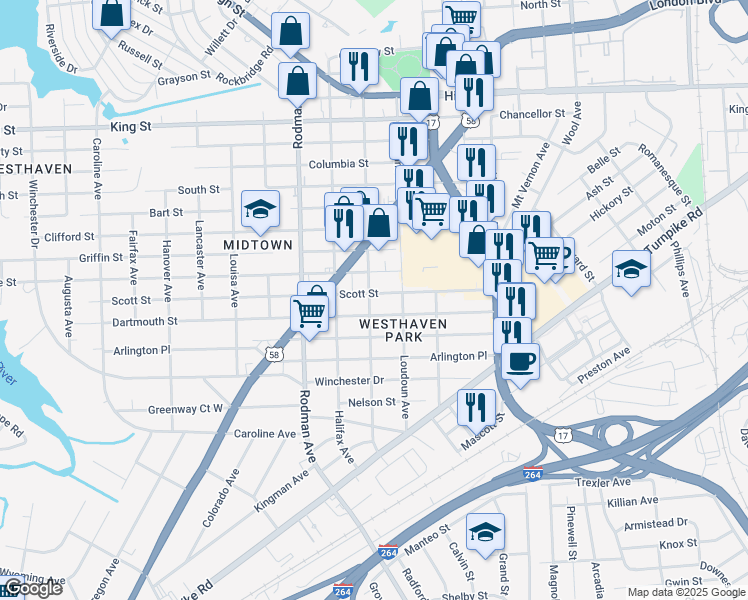 map of restaurants, bars, coffee shops, grocery stores, and more near 3419 Race Street in Portsmouth