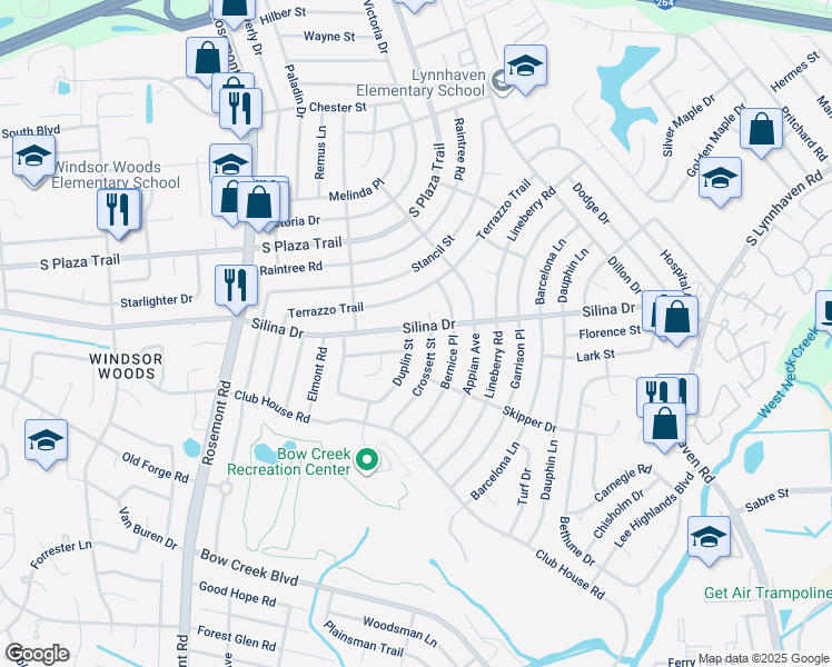 map of restaurants, bars, coffee shops, grocery stores, and more near 3421 Silina Drive in Virginia Beach