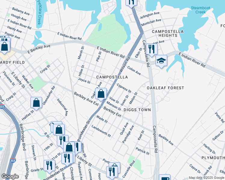 map of restaurants, bars, coffee shops, grocery stores, and more near 1540 Wilson Road in Norfolk