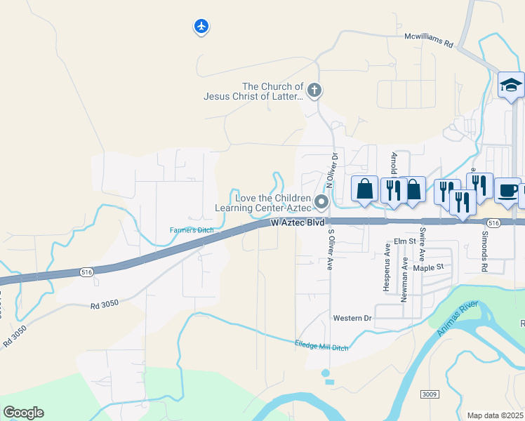map of restaurants, bars, coffee shops, grocery stores, and more near 2125 West Aztec Boulevard in Aztec
