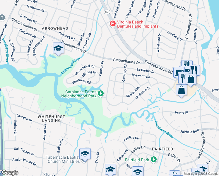 map of restaurants, bars, coffee shops, grocery stores, and more near 5421 Count Turf Road in Virginia Beach