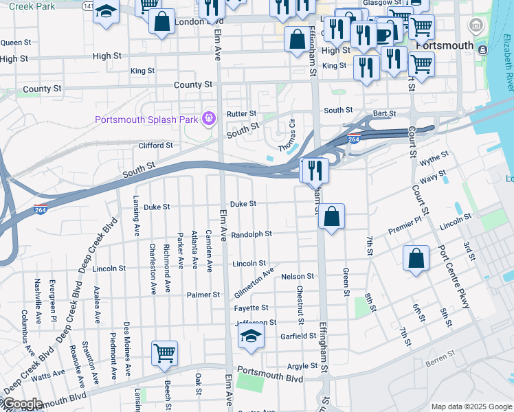 map of restaurants, bars, coffee shops, grocery stores, and more near in Portsmouth