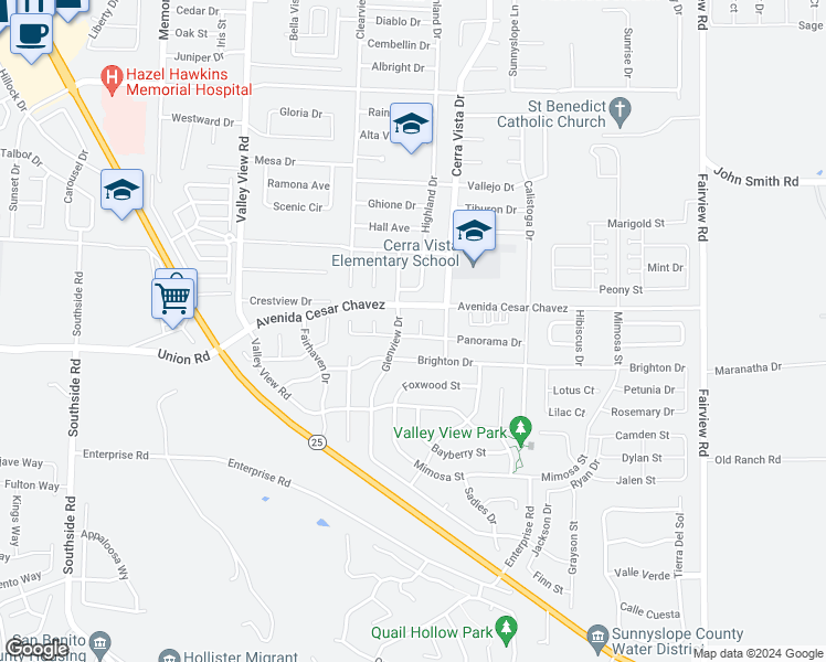 map of restaurants, bars, coffee shops, grocery stores, and more near 2290 Ventana Court in Hollister