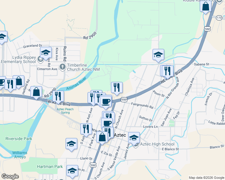 map of restaurants, bars, coffee shops, grocery stores, and more near 504 North Main Avenue in Aztec