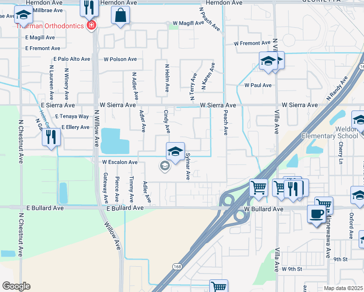 map of restaurants, bars, coffee shops, grocery stores, and more near 157 Cindy Avenue in Clovis