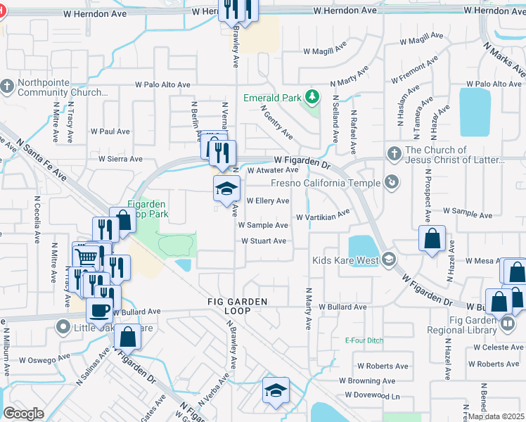 map of restaurants, bars, coffee shops, grocery stores, and more near 3712 West Ellery Avenue in Fresno