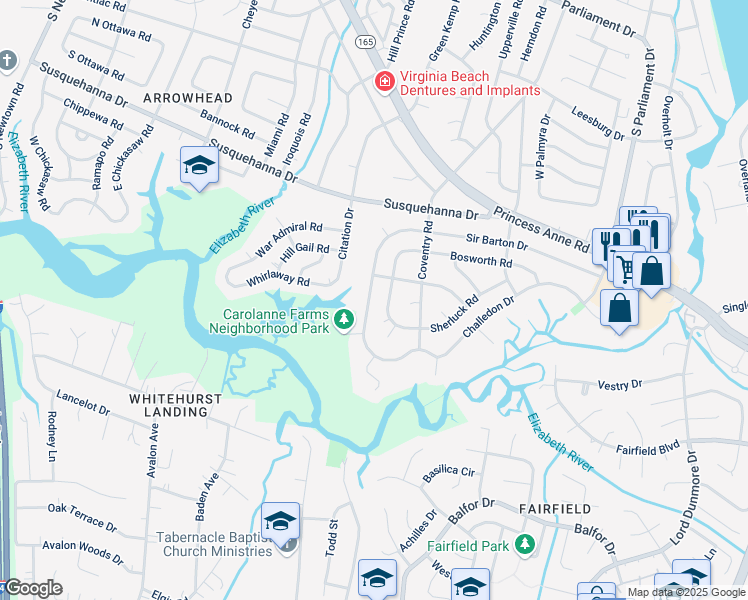 map of restaurants, bars, coffee shops, grocery stores, and more near 5421 Count Turf Road in Virginia Beach